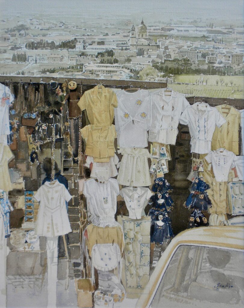 Blouses Hanging on Ancient Wall, Assisi, Italy, Watercolor