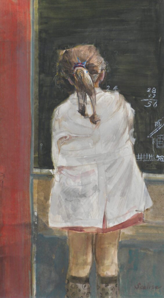 Girl at Blackboard, Mixed Media Watercolor, Gouache, Acrylic, Ink