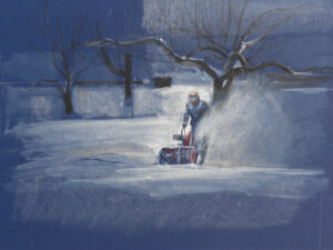 Snowy Winter Night, Gouache on Mat Board