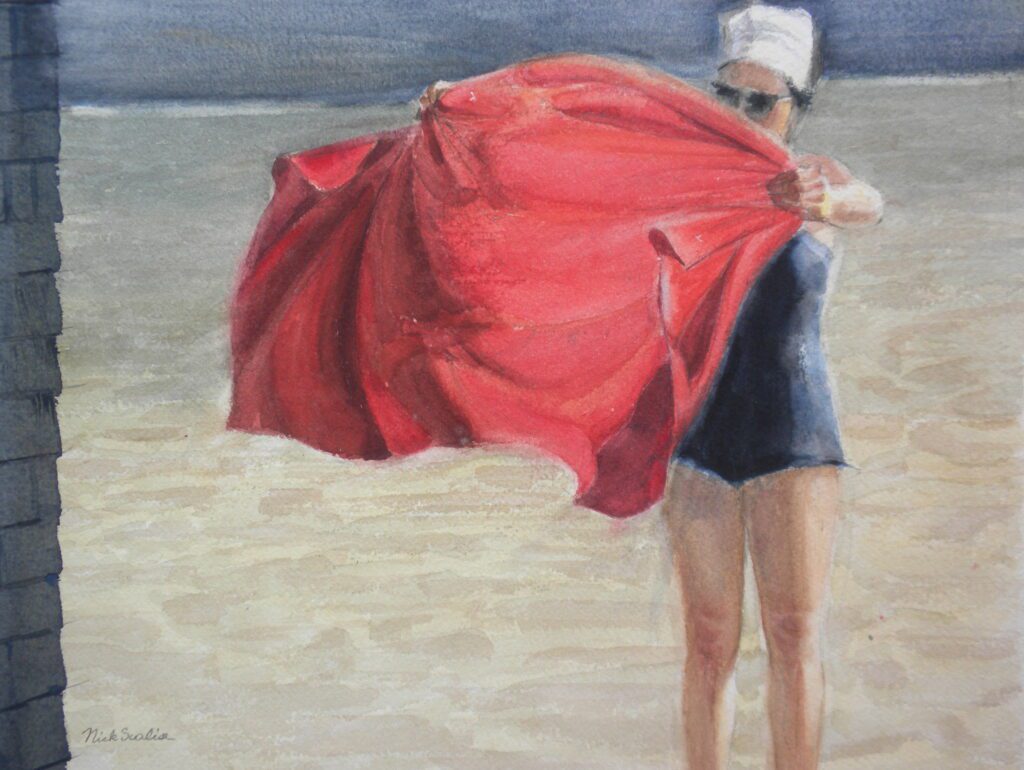 Woman at Beach Summer Day, Watercolor